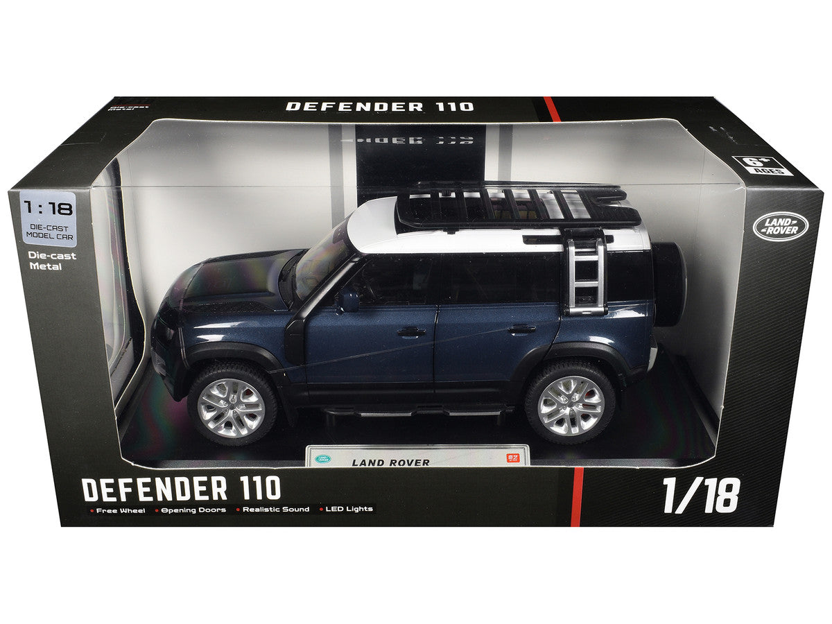 Land Rover Defender 110 Blue Metallic with White Top and Roof Rack 1/18 Diecast Model Car by Heimanba-0