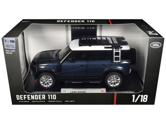 Land Rover Defender 110 Blue Metallic with White Top and Roof Rack 1/18 Diecast Model Car by Heimanba-0