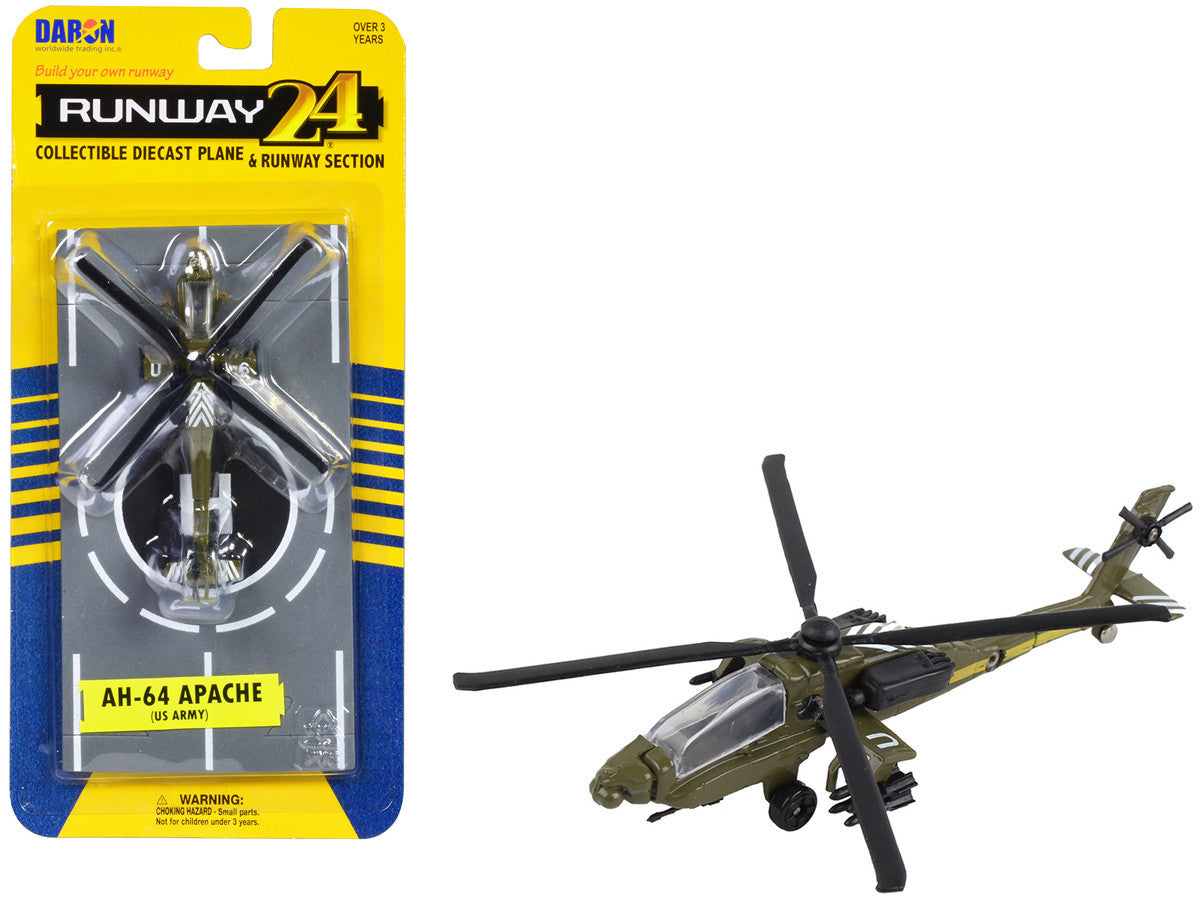 Boeing AH-64 Apache Helicopter Olive Drab "United States Army" with Runway Section Diecast Model by Runway24-0