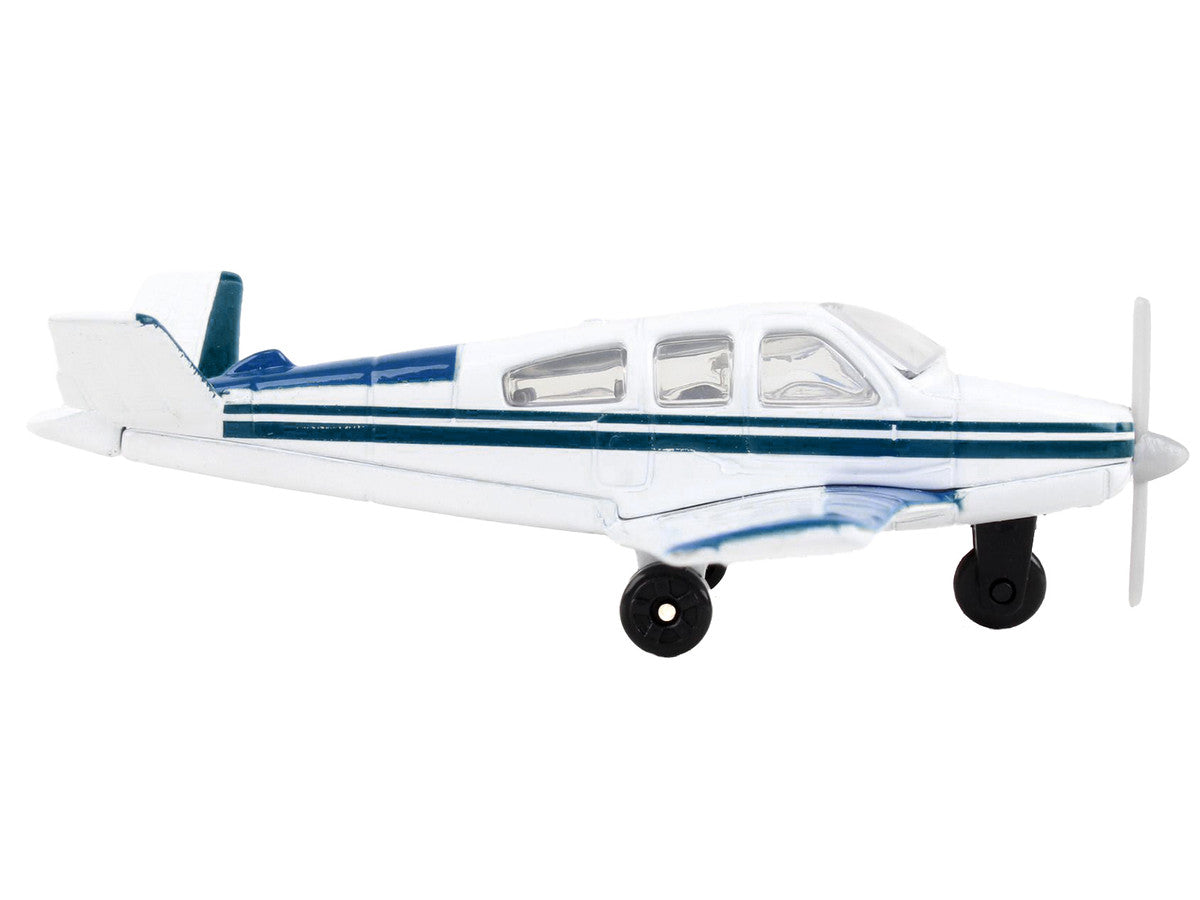 Beechcraft Bonanza Aircraft White with Blue Stripes "N42997" with Runway Section Diecast Model Airplane by Runway24-1