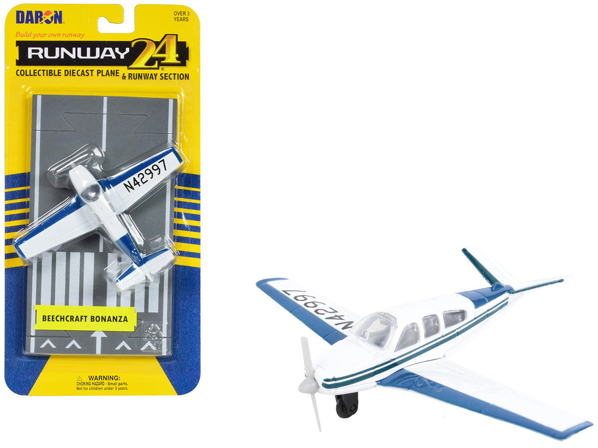 Beechcraft Bonanza Aircraft White with Blue Stripes "N42997" with Runway Section Diecast Model Airplane by Runway24-0