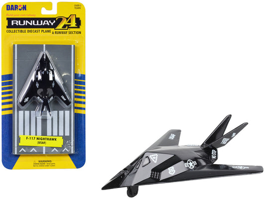 Lockheed F-117 Nighthawk Stealth Aircraft Black "United States Air Force" with Runway Section Diecast Model Airplane by Runway24-0