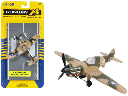 Curtiss P-40 Warhawk Fighter Aircraft Camouflage "Flying Tigers-First American Volunteer Group" with Runway Section Diecast Model Airplane by Runway24-0