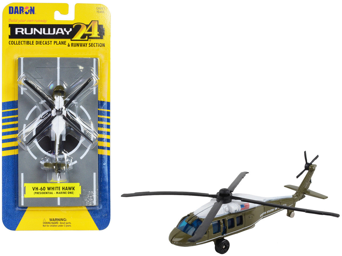 Sikorsky VH-60 White Hawk Helicopter Olive Drab with White Top "United States Presidential Helicopter - Marine One" with Runway Section Diecast Model by Runway24-0