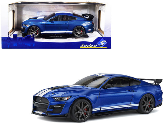 2020 Ford Mustang Shelby GT500 Fast Track Ford Performance Blue Metallic with White Stripes 1/18 Diecast Model Car by Solido-0