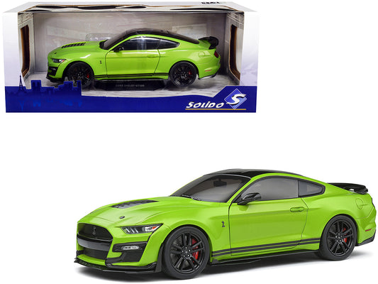 2020 Ford Mustang Shelby GT500 Grabber Lime Green Metallic with Black Top and Stripes 1/18 Diecast Model Car by Solido-0
