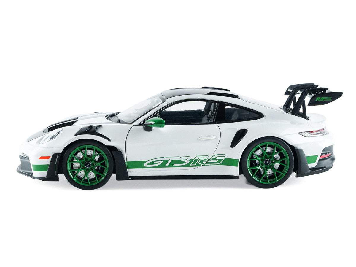 2024 Porsche 911 GT3 RS "Tribute to Carrera RS Package" White with Carbon Hood Stripes and Top and Green Side Stripes and Wheels 1/18 Diecast Model Car by Solido-2