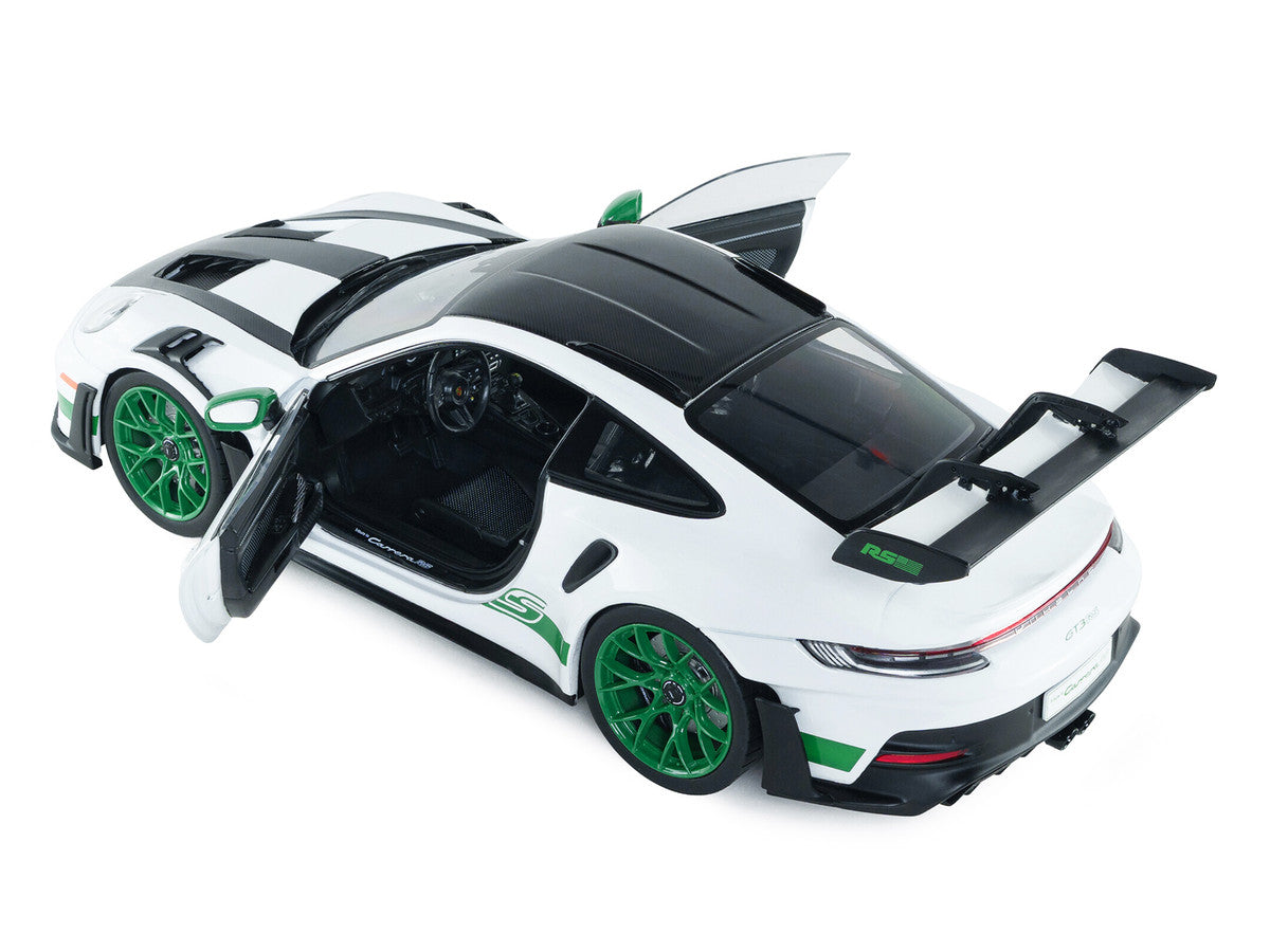 2024 Porsche 911 GT3 RS "Tribute to Carrera RS Package" White with Carbon Hood Stripes and Top and Green Side Stripes and Wheels 1/18 Diecast Model Car by Solido-3