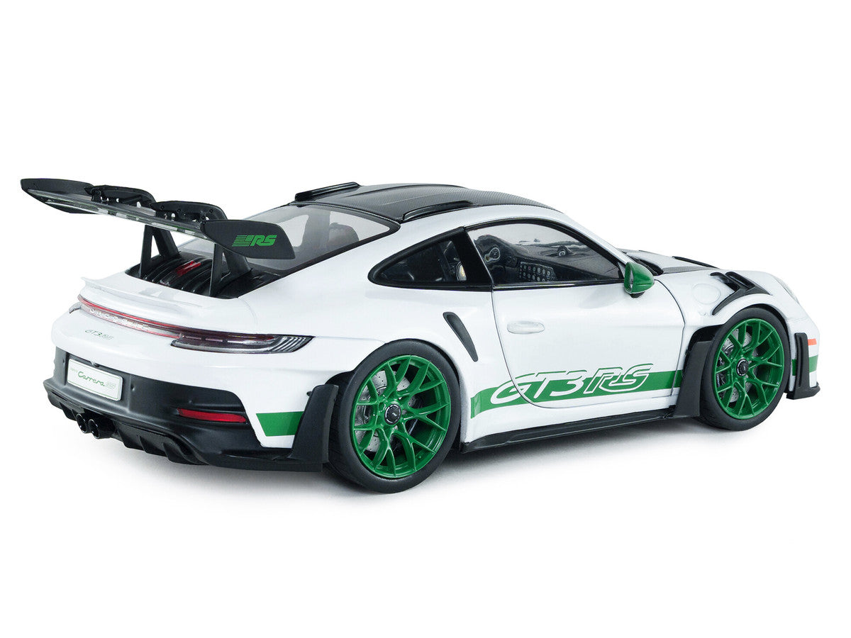 2024 Porsche 911 GT3 RS "Tribute to Carrera RS Package" White with Carbon Hood Stripes and Top and Green Side Stripes and Wheels 1/18 Diecast Model Car by Solido-4