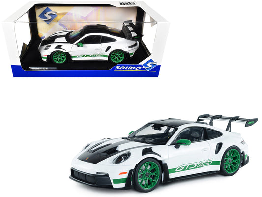 2024 Porsche 911 GT3 RS "Tribute to Carrera RS Package" White with Carbon Hood Stripes and Top and Green Side Stripes and Wheels 1/18 Diecast Model Car by Solido-0