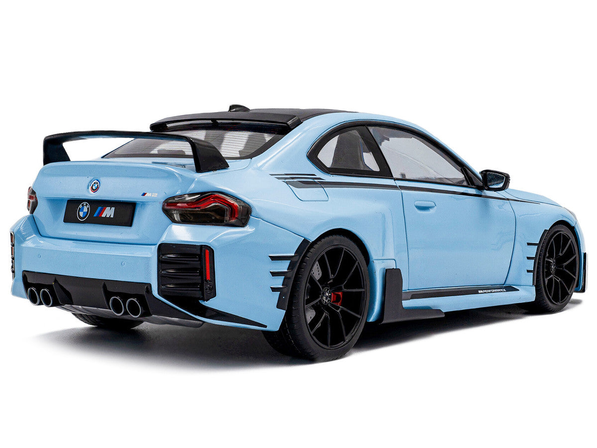 2024 BMW M2 Performance Parts Zandvoort Blue with Carbon Top and Black Stripes 1/18 Diecast Model Car by Solido-2