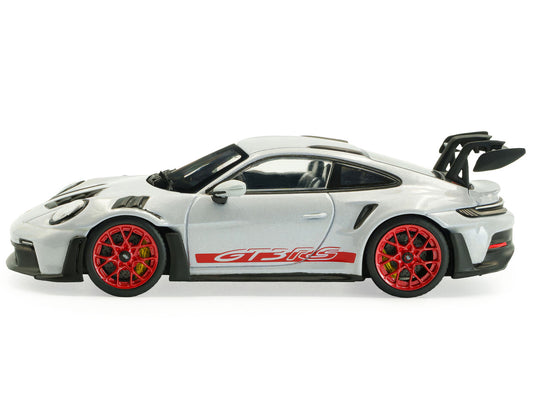 2023 Porsche 911 (992) GT3 RS Ice Gray Metallic with Pyro Red Stripes 1/43 Diecast Model Car by Solido-0