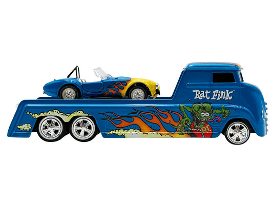 Shelby Cobra Super Snake Blue Metallic with Flames and Custom "Rat Fink" Hauler Blue Metallic with Flames and Graphics 1/64 Diecast Model Cars by ACME-0