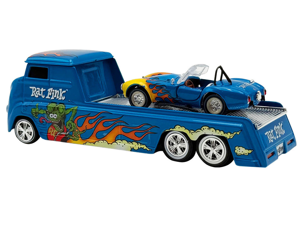Shelby Cobra Super Snake Blue Metallic with Flames and Custom "Rat Fink" Hauler Blue Metallic with Flames and Graphics 1/64 Diecast Model Cars by ACME-3
