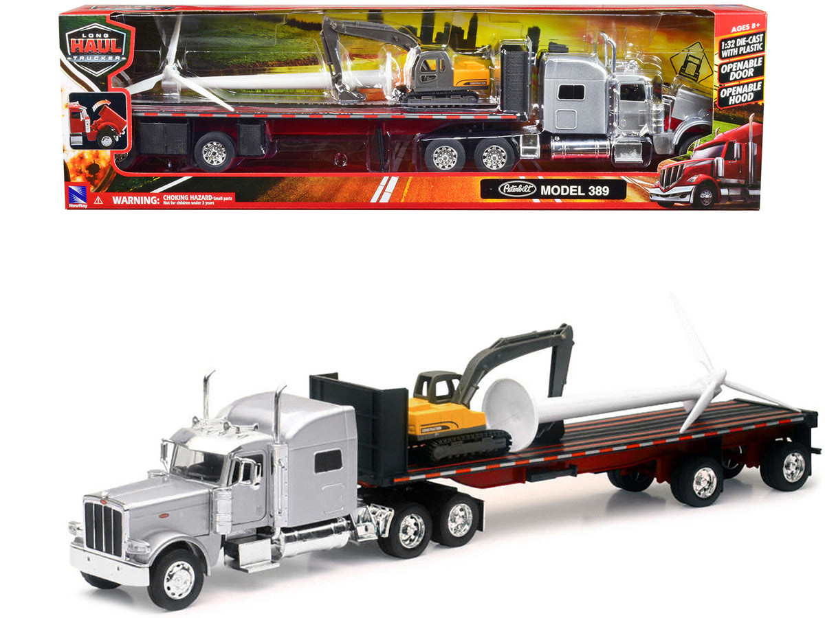 Peterbilt 389 Truck with Flatbed Trailer Silver Metallic with Excavator and Wind Turbine "Long Haul Truckers" Series 1/32 Diecast Model by New Ray-0