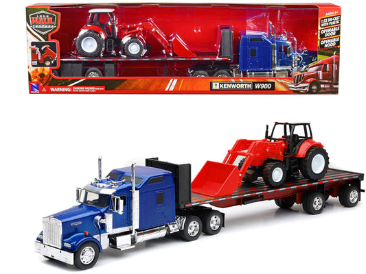 Kenworth W900 Truck with Flatbed Trailer Blue Metallic with Farm Tractor Red "Long Haul Truckers" Series 1/32 Diecast Model by New Ray-0