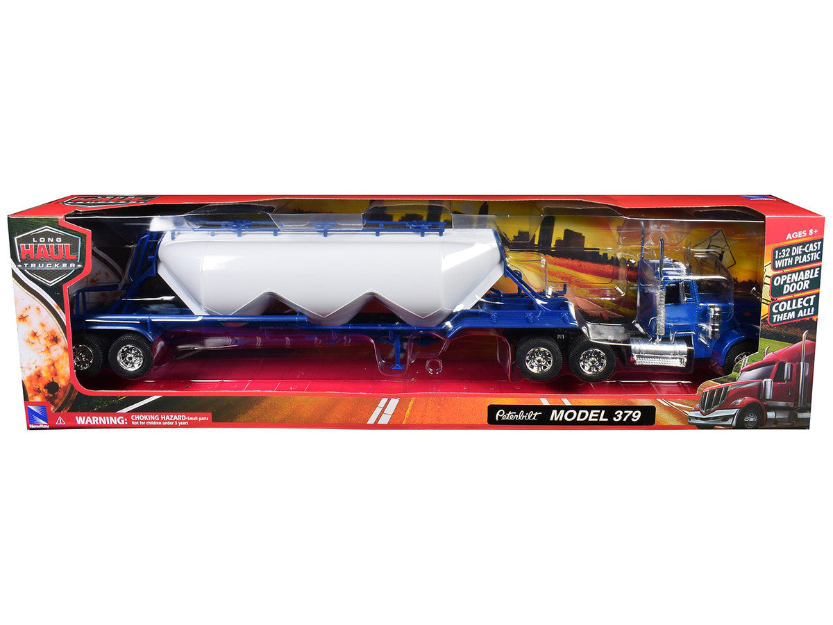 Peterbilt 379 Truck Blue with Pneumatic Tanker Trailer White "Long Haul Truckers" Series 1/32 Diecast Model by New Ray-1