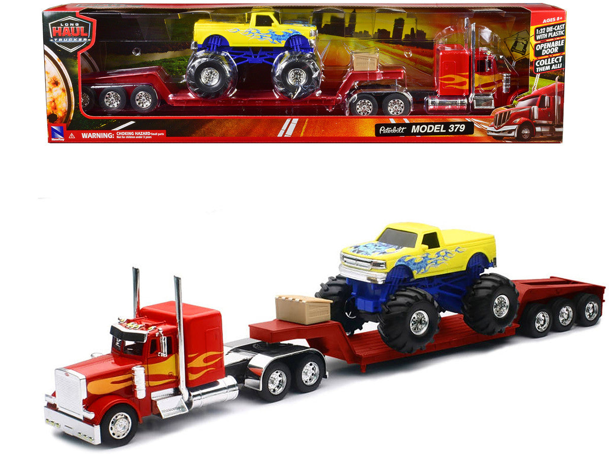 Peterbilt 379 Truck with Lowboy Trailer Red with Orange Flames and Monster Truck Yellow with Blue Flames "Long Haul Truckers" Series 1/32 Diecast Model by New Ray-0