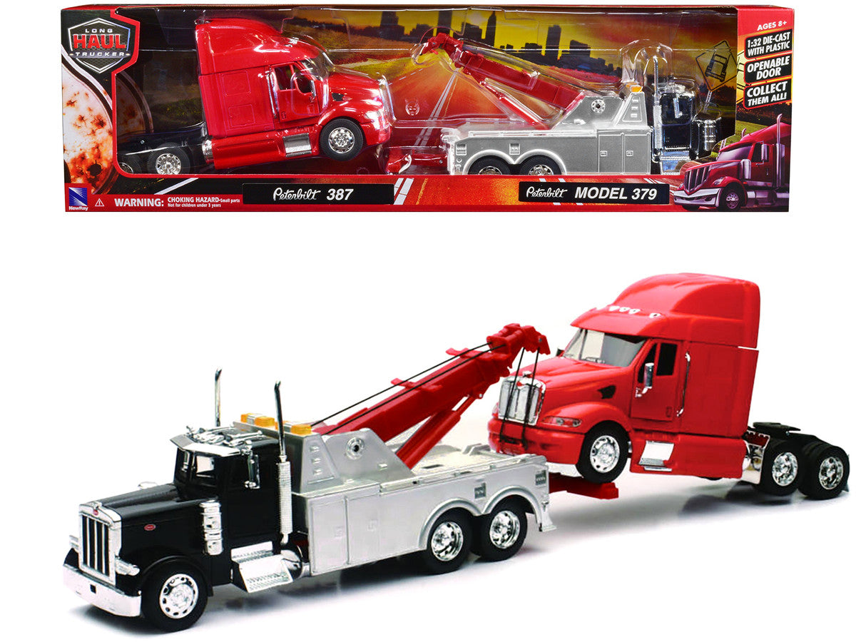 Peterbilt 379 Tow Truck Black with Peterbilt 387 Truck Tractor Red Set of 2 pieces 1/32 Diecast Model by New Ray-0