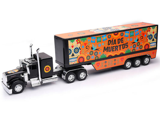 Kenworth W900 Truck Black with Graphics and Dry Van Trailer "Dia De Muertos" 1/32 Diecast Model by New Ray-0