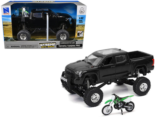 Toyota Tundra Pro Pickup Truck Black and Kawasaki KX 250 Motorcycle Green and White "Xtreme Off-Road" Series 1/32 Diecast Models by New Ray-0