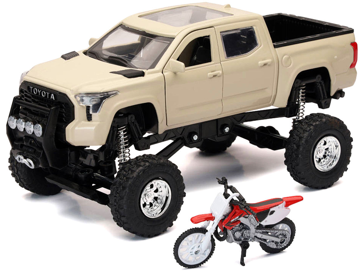 Toyota Tundra Pro Pickup Truck Tan and Honda CR250R Motorcycle Red and White "Xtreme Off-Road" Series 1/32 Diecast Models by New Ray-1