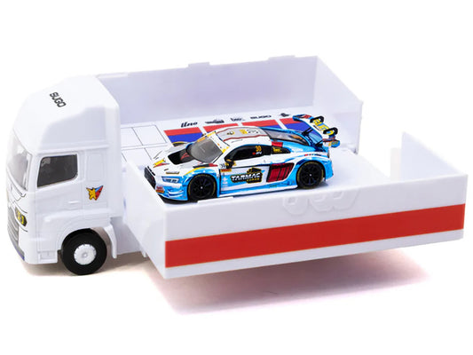 Audi R8 LMS GT3 evo II #30 James Yu "Uno Racing Team" "Macau GT Cup - FIA GT World Cup" (2024) with Plastic Transporter Packaging and Collectible Tarmac Cards "Hobby64" Series 1/64 Diecast Model Car by Tarmac Works-0