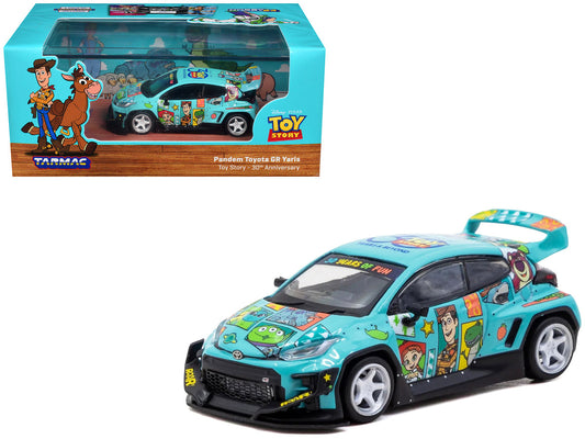 Toyota Pandem GR Yaris RHD (Right Hand Drive) "Toy Story 30th Anniversary" Blue with Graphics with Tarmac Cards "Hobby64" Series 1/64 Diecast Model by Tarmac Works-0
