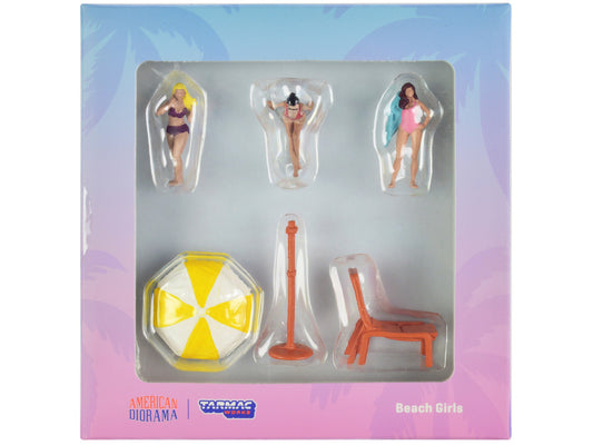 "Beach Girls" 5 piece Diecast Figure Set (3 Female Figures and 2 Beach Accessories) for 1/64 Scale Models by Tarmac Works & American Diorama-0