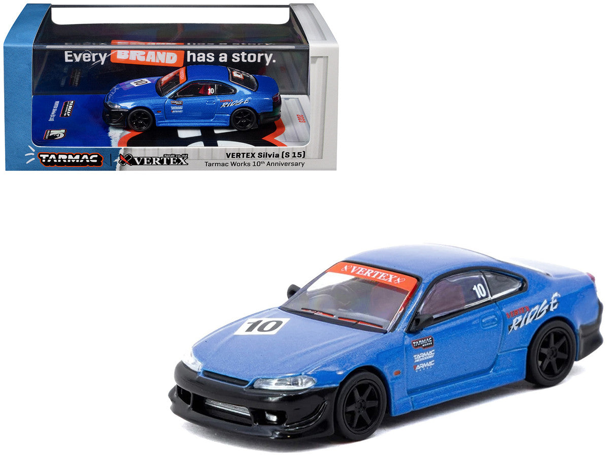 Nissan Vertex Silvia (S15) RHD (Right Hand Drive) #10 "Tarmac Works 10th Anniversary" Blue Metallic "Global64" 1/64 Diecast Model Car by Tarmac Works-0