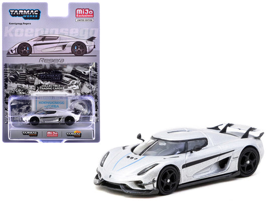 Koenigsegg Regera Silver Metallic with Blue Accents and Collectible Tarmac Cards "Global64" Series 1/64 Diecast Model Car by Tarmac Works-0