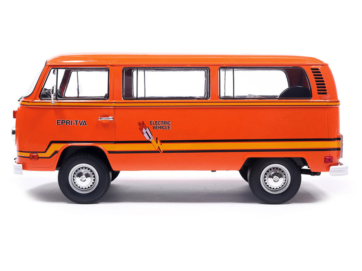 1978 Volkswagen Type 2 Bus "Elektrotransporter" Orange with Yellow Stripes 1/18 Diecast Model by IXO Models-0