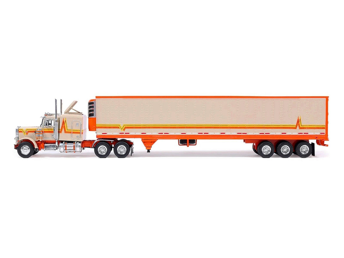 1973 Peterbilt 359 Truck Tractor with Sleeper Cab Cream with Orange and Yellow Stripes and Refrigerate Modern Trailer 1/64 Diecast Model Car by IXO Models-1