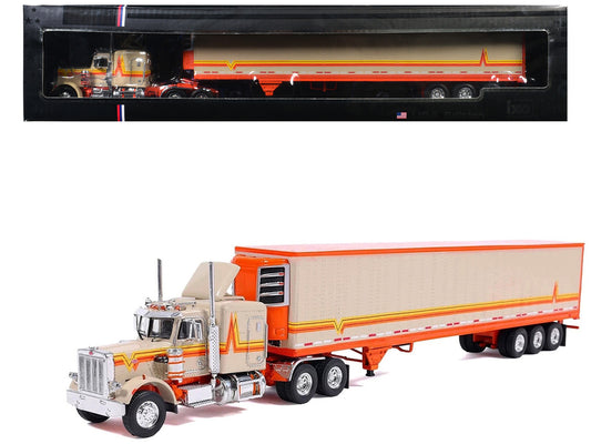 1973 Peterbilt 359 Truck Tractor with Sleeper Cab Cream with Orange and Yellow Stripes and Refrigerate Modern Trailer 1/64 Diecast Model Car by IXO Models-0