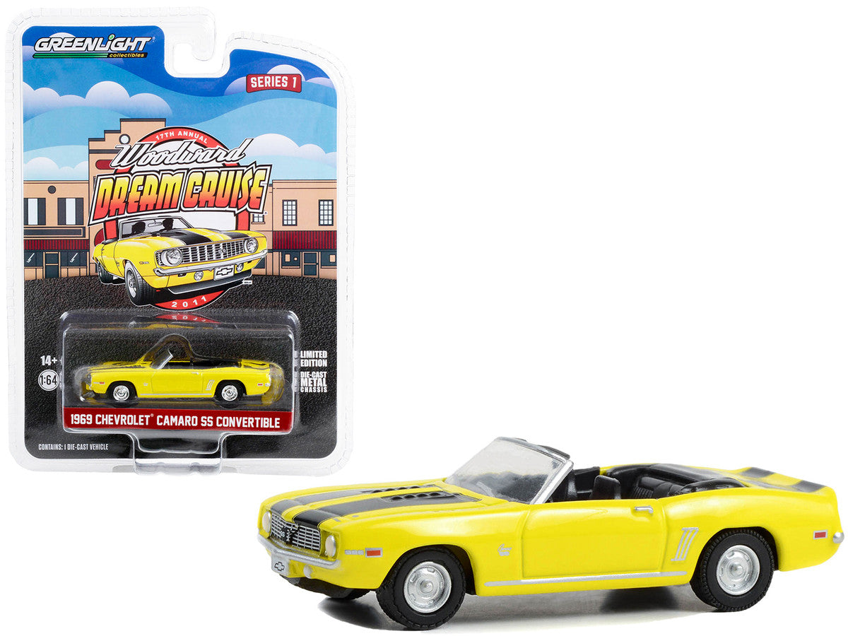 1969 Chevrolet Camaro SS Convertible Yellow with Black Stripes "17th Annual Woodward Dream Cruise Featured Heritage Vehicle" (2011) "Woodward Dream Cruise" Series 1 1/64 Diecast Model Car by Greenlight-0