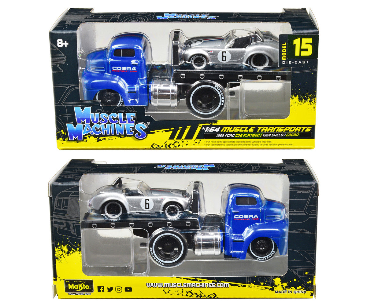 1950 Ford COE Flatbed Truck Blue "Cobra Powered by Ford" and 1964 Shelby Cobra #6 Silver Metallic with Stripes "Muscle Transports" Series 1/64 Diecast Model Cars by Muscle Machines-1