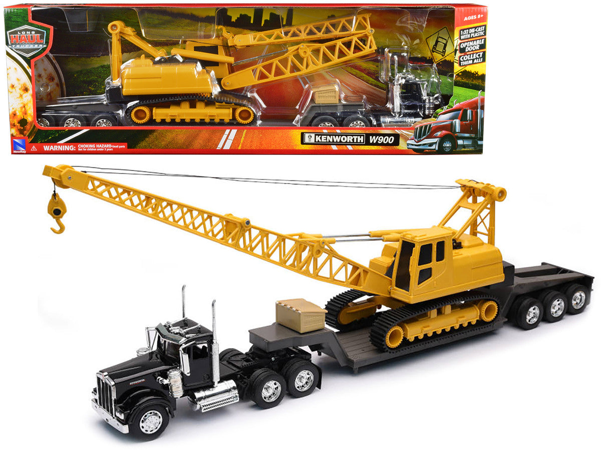 Kenworth W900 Truck with Lowboy Trailer Black and Crane Yellow "Long Haul Trucker" Series 1/32 Diecast Model by New Ray-0