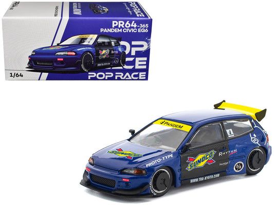 Pandem Civic EG6 RHD (Right Hand Drive) "Sunoco" Blue Metallic with Yellow Accents 1/64 Diecast Model Car by Pop Race-0