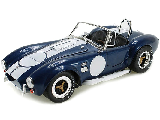 1965 Shelby Cobra 427 S/C Dark Blue Metallic with White Stripes with Printed Carroll Shelby's Signature on the Trunk 1/18 Diecast Model Car by Shelby Collectibles-0