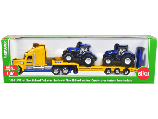 Tractor Truck Yellow with 2 New Holland T7070 Tractors Blue 1/87 (HO) Diecast Models by Siku-0