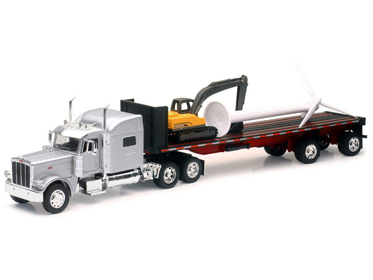 Peterbilt 389 Truck with Flatbed Trailer Silver Metallic with Excavator and Wind Turbine "Long Haul Truckers" Series 1/32 Diecast Model by New Ray-1