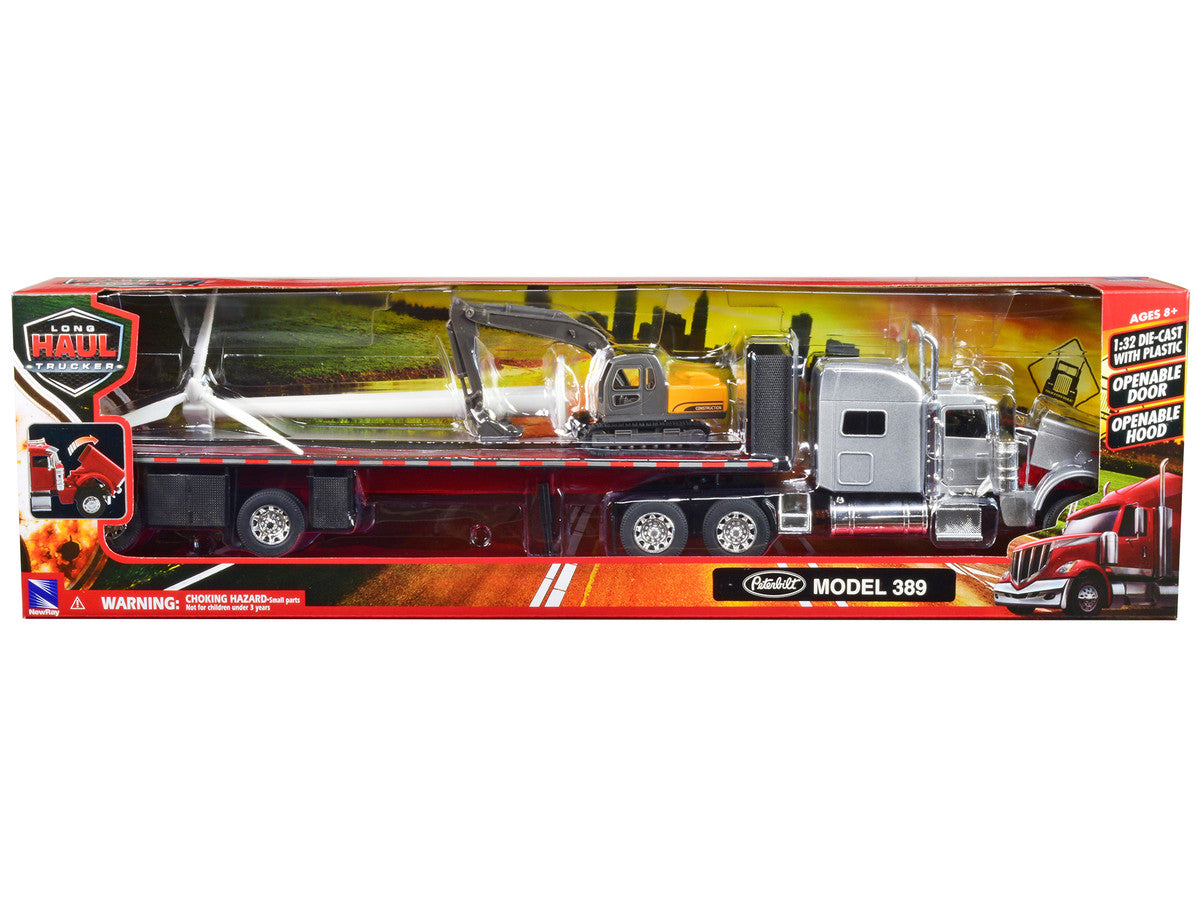 Peterbilt 389 Truck with Flatbed Trailer Silver Metallic with Excavator and Wind Turbine "Long Haul Truckers" Series 1/32 Diecast Model by New Ray-2