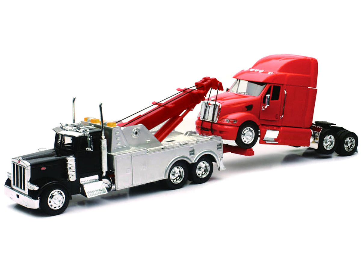 Peterbilt 379 Tow Truck Black with Peterbilt 387 Truck Tractor Red Set of 2 pieces 1/32 Diecast Model by New Ray-1