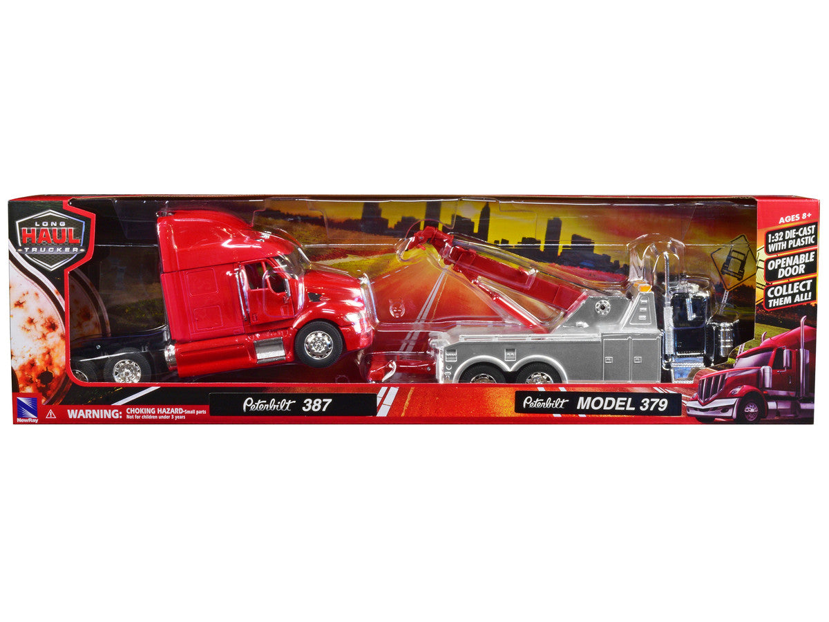 Peterbilt 379 Tow Truck Black with Peterbilt 387 Truck Tractor Red Set of 2 pieces 1/32 Diecast Model by New Ray-2